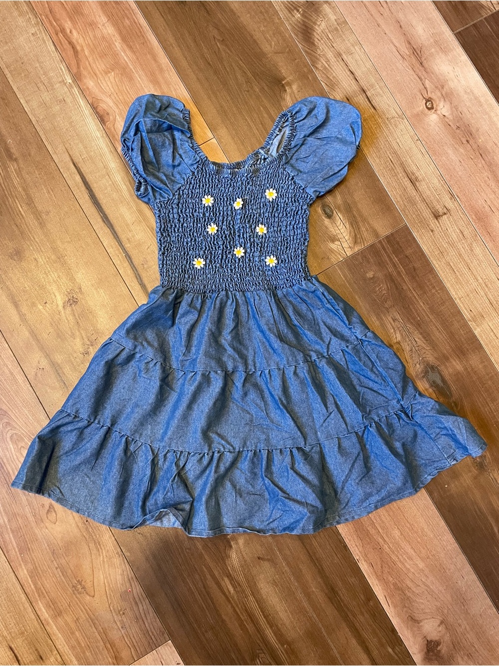 Embroidered Denim Blue Dress with Daisies